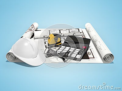 3d rendering concept of construction drawings with calculator and an engineering helmet on blue background with shadow Stock Photo