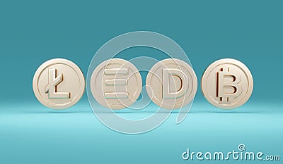 3D Rendering cryptocurrency symbols on coins on background. 3D Render. 3d illustration. Minimal idea Cartoon Illustration