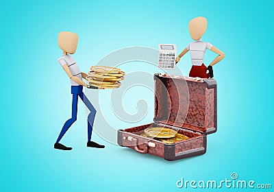3d rendering concept family collects money in suitcase on blue background with shadow Stock Photo