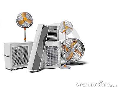 3d rendering concept fans air conditioners and portable air conditioners white background with shadow Stock Photo