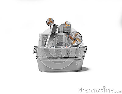 3d rendering concept group of refrigeration air conditioning appliances in ice bucket isolated on white background with shadow Stock Photo