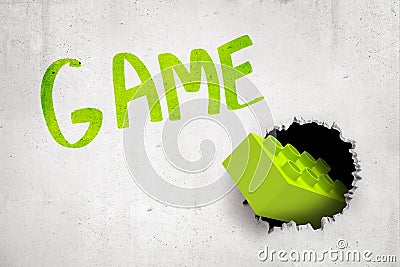 3d rendering of concrete wall with title `GAME` and bright green lego brick that has been thrown into wall and has Stock Photo