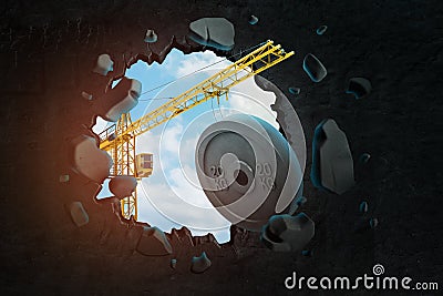 3d rendering of construction crane and 20 kg weight plate breaking black wall Stock Photo