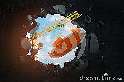 3d rendering of construction crane and orange casino token breaking through black wall Stock Photo
