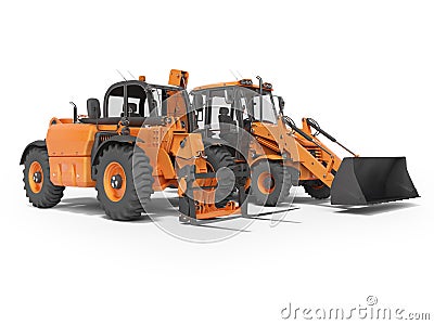 3D rendering construction equipment multifunctional tractor and telescopic excavator on white background with shadow Stock Photo