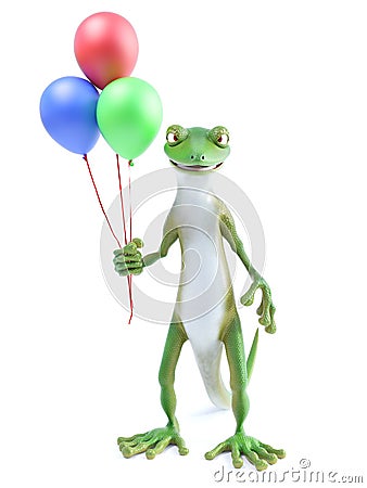 3D rendering of a cool gecko holding three balloons Stock Photo