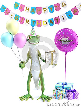 3D rendering of a cool gecko with party balloons and gift Stock Photo