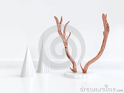 3d rendering copper abstract reindeer horn and cone geometric shape white scene Stock Photo