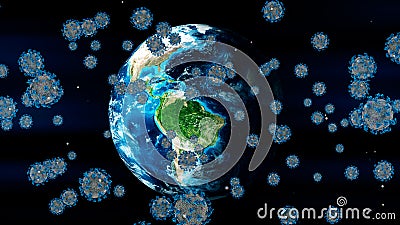 3D rendering, coronavirus cells covid-19 influenza flowing on earth background as dangerous flu strain cases as a pandemic medical Stock Photo