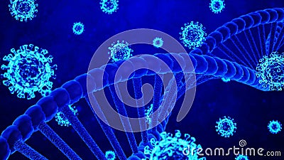3D Rendering Coronavirus/COVID-19 and DNA Helix Models Twisted in Abstract Blue Background and Particles Still Image Stock Photo