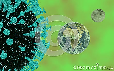 3d rendering of a covid-19 cell next to earth and moon Stock Photo