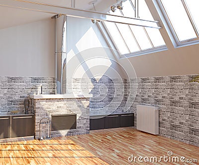 3d rendering of cozy loft interior bright room with fireplace and grey brick Stock Photo