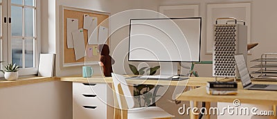 3D rendering, cozy workspace with computer, supplies and decorations beside the window in living room Cartoon Illustration