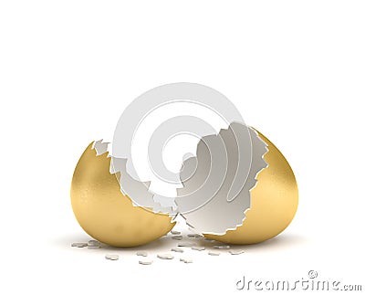 3d rendering of a cracked golden egg with its two pieces lying beside each other on white background. Stock Photo