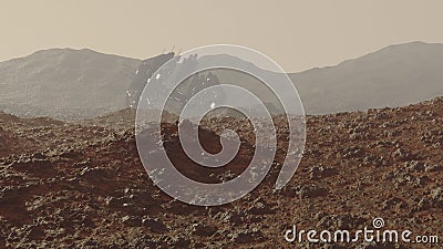 Rendering of a crashed alien space ship on Mars surface of the planet Stock Photo