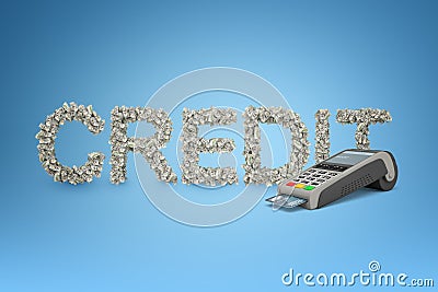 3d rendering of the CREDIT title formed with dollar bills with a point-of-sale terminal beside. Stock Photo