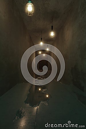 3d rendering of creepy grunge corridor with hanging light bulbs Stock Photo