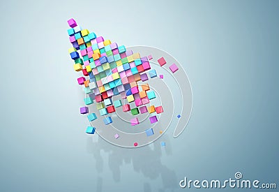 3D rendering crumbling cursor colorful pixel on wall. Patch inside for cubes isolated. Stock Photo