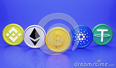 3D rendering cryptocurrency concept. Bitcoin , Ethereum , Cardano , Binance and Tether Editorial Stock Photo