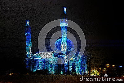 3D rendering. cube art from 3D squares pixel realistic photo old Mosque in the Saint Petersburg Russia, night view Stock Photo