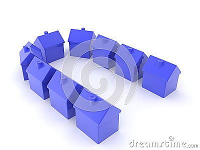 3D Rendering of cul de sac neighborhood of houses Stock Photo