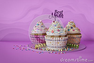 3d rendering of Best Mom cupcakes on a marble plate Stock Photo