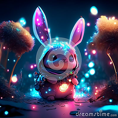 3d rendering of a cute bunny in a fairy tale forest. Generative AI Stock Photo