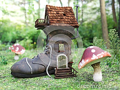 3D rendering of a fairytale shoe house in a mushroom forest. Stock Photo