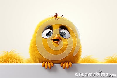 3d rendering of a cute yellow chick peeking out from behind a white board Stock Photo
