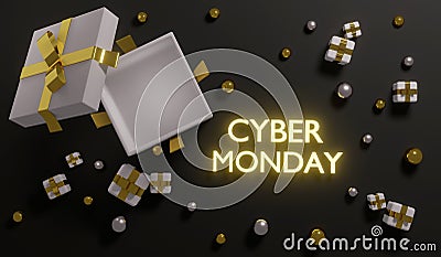 3D Rendering Cyber Monday sale top view gift box open showing empty box inside for advertising Cartoon Illustration