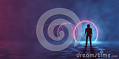 3d rendering of cyber space, a lonely person in front of a lot of red neon circles portal, teleport in fog, smoke. Surreal, Stock Photo