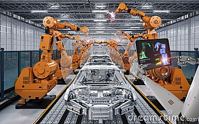 Cyborg control robot assembly line Stock Photo