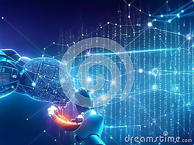 3d rendering cyborg hand working with digital blue circuit board background Stock Photo