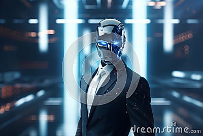 3d rendering cyborg man in front of a futuristic city background Stock Photo