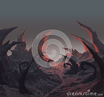 3d rendering of dark horror landscape with sharp rocks Stock Photo