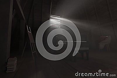 3d rendering of darken empty attic with black piano and bright light rays Stock Photo