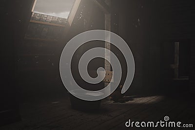 3d rendering of darken empty attic with light ray and sitting te Stock Photo