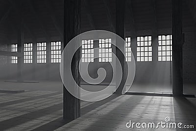 3d rendering of darken empty attic with light rays through windows Stock Photo