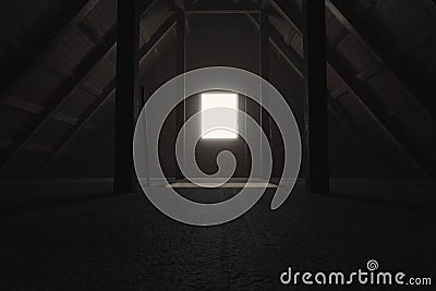 3d rendering of darken empty attic with light at window Stock Photo