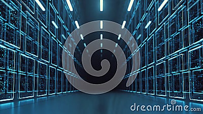 3D Rendering of data center room with abstract data servers and glowing led binary, abstract network and ceiling lights. Stock Photo