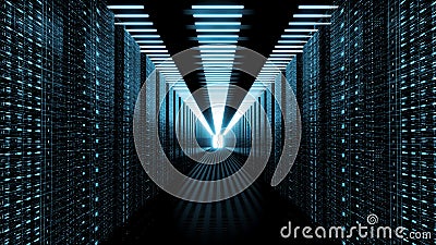 3D Rendering of data center room with abstract data servers and glowing led indicators Stock Photo
