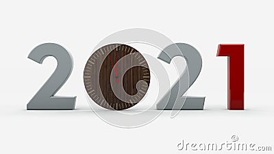 3D rendering of the 2021 date. Wooden clock instead of zero. The image is isolated on a white background. Illustration for new Stock Photo