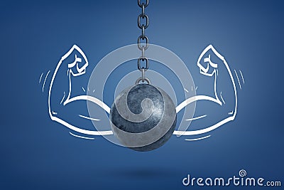 3d rendering of a demolition ball hanging still with strong arm muscles drawn unfilled on both sides. Stock Photo