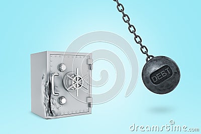 3d rendering of a demolition ball with the title Debt on it hitting a light-grey metal strongbox which is already Stock Photo