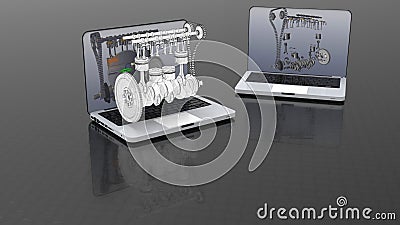 3D rendering - design a 4 in line engine on laptops Cartoon Illustration