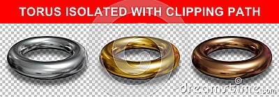 3d rendering design. New torus logo on white background with clipping path. Set of realistic ring in silver, bronze, gold metal. Stock Photo