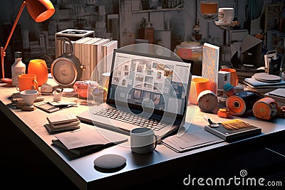 3d rendering of a desktop with a laptop and some office items, 3d render of working space with computer, laptop, coffee cup and Stock Photo