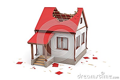 3d rendering of a detached house with a front porch and a big hole in the roof. Stock Photo