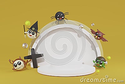 3d rendering devil witch,spider, owl, zombie happy arround white label on yellow halloween background Stock Photo