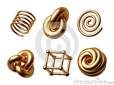 3d rendering. Different geometric golden shapes set. Modern minimal metal objects, isolated on white background Stock Photo